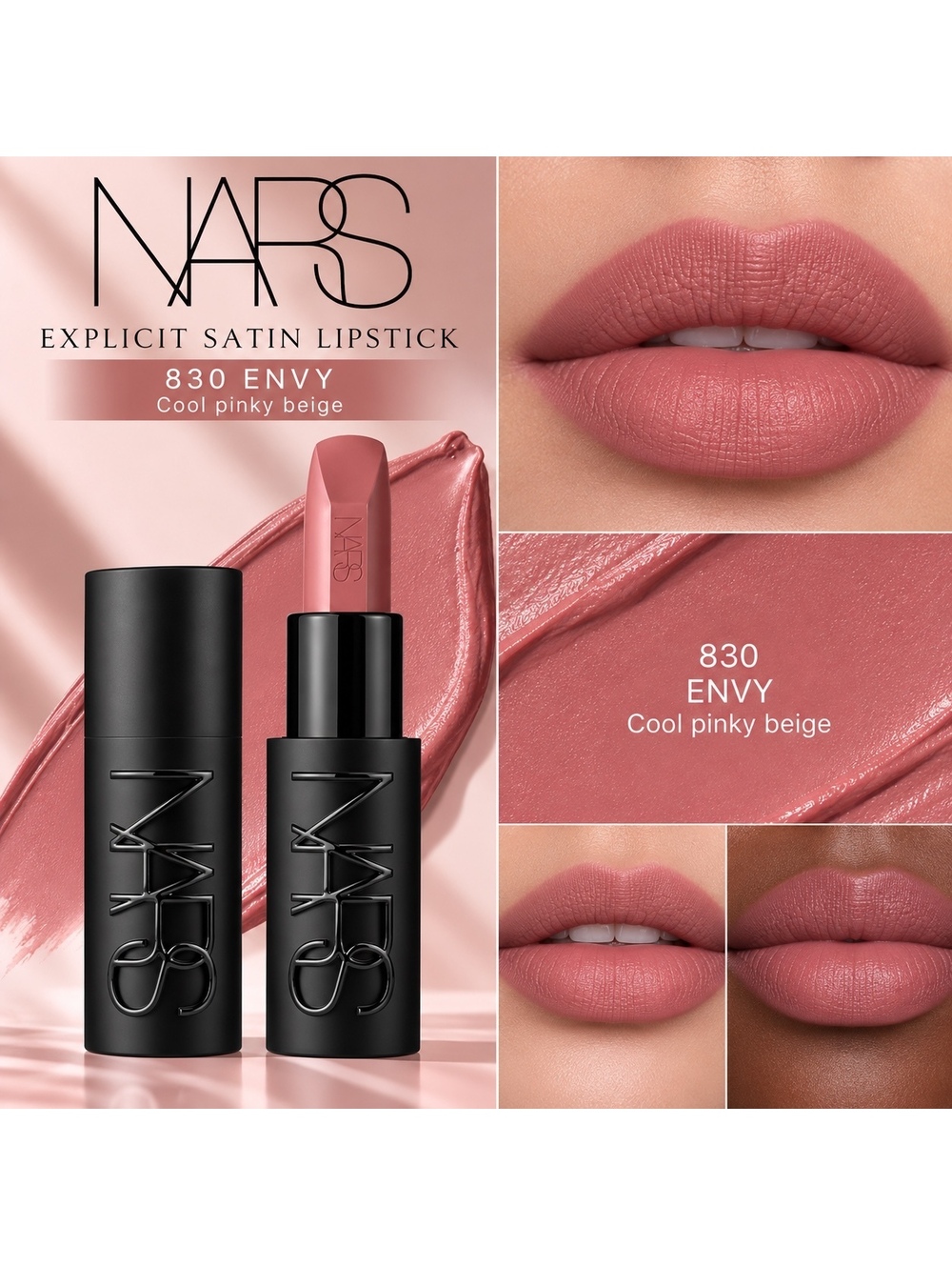 NARS Explicit Satin Lipstick • 830 Envy (Cool Pinky Beige) • Brand New in Box